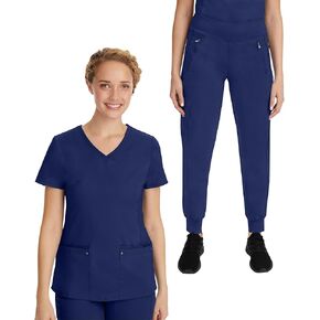 Healing Hands Scrub Set for Women Yoga Collection Juliet Top 2245 Juliet with Tara Scrub Pants 9233 with 2-Way Stretch Fabric, Navy - M Top/M Petite Pant in Kuwait