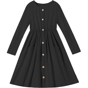 DREAM BUS Girls Button Down Skater Dress with Pockets Long Sleeve Fall Winter Dress for Girl Mini A-Line Casual Party Dress