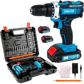 Power Drill Cordless, 3/8 Electric Drill with Battery and Charger, 21V Drill Set for Specialized Field and Homework, Battery Drill with LED Light, Variable Speed Mode