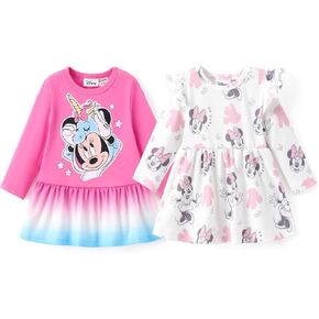 Disney Frozen Minnie Mouse Toddler Girl Dress 2 Pcs, Elsa Anna Pattern Ruffle Long Sleeve Dress Set Fall Clothes 2-6 Years