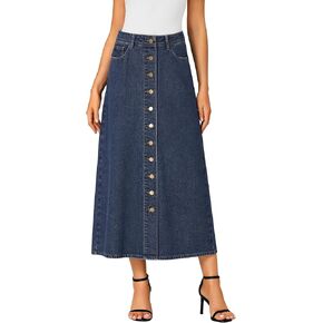Vrtige Women's Casual Button Down High Waisted A Line Jean Midi Long Denim Skirt with Pockets