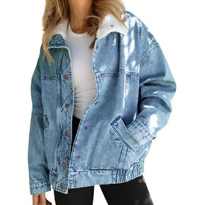Tankaneo Womens Oversized Denim Jackets Sherpa Collar Button Down Jean Jacket Fall Warm Shacket Coats
