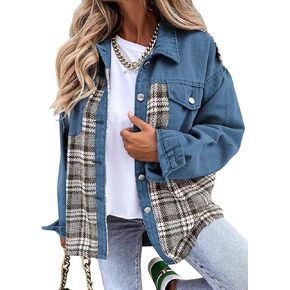 Women Denim Jean Jacket Plaid Shackets Button Down Lightweight Oversized Pocketed Coat Outfits Tops 2024 Fall