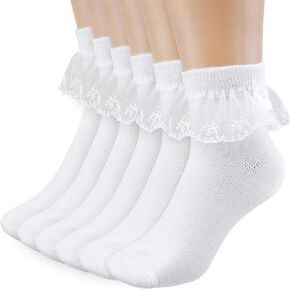 3 Pack Girls Frilly Socks White Frilly Socks with Bows White Lace Ankle Socks Thin Cotton Socks Cute School Socks Princess Style Dress Socks for Kids Girls 3-16 Years Comfortable Frilly Fashion Socks