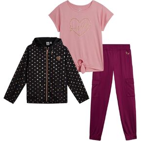 Body Glove Girls' Pants Set - 3 Piece Short Sleeve T Shirt, Full Zip Up Windbreaker Jacket and Sweatpants for Girls (7-12)
