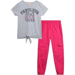 Dreamstar Girls' Pants Set - 2 Piece Casual Short Sleeve T-Shirt and Cargo Parachute Pants - Trendy Outfits for Girls (7-14)