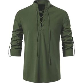 Long Sleeve Shirts for Men Lace-Up Viking,Pirate, Hippie Halloween Cosplay Renaissance Costume Linen Shirts Top