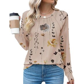 Kistore Womens Long Sleeve Tops Crew Neck Pleated Casual Dressy Blouses T Shirts Fall Clothes 2024