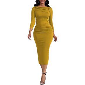 Women's Sexy 3/4 Sleeve Midi Dress Ruched Bodycon Solid Evening Party Vintage Work Church Dresses