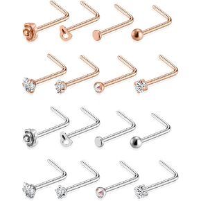 Tornito 20G 10Pcs Stainless Steel L Shaped Nose Ring CZ Nose Stud Retainer Labret Nose Piercing Jewelry for Women Men Silver Rose Gold Tone