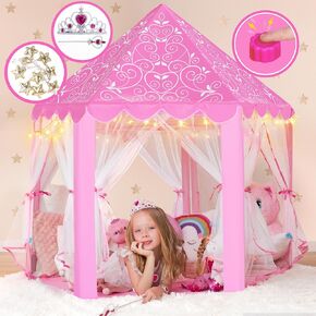 W&O Princess Tent with Fantasy Sound Button, LED Lights, Crown & Wand Set - Kids Tent - Play Tent for Kids - Kids Play Tent Indoor - Princess Toys - Kids Tent Indoor - Play House for Kids Ages 3-8