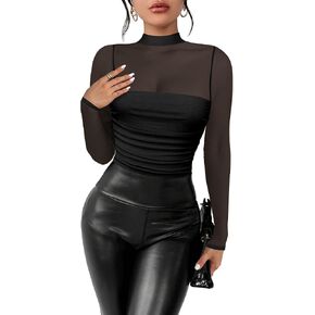 Women's Sexy Bodysuit for Outfits: Mock Turtle Neck Long Sleeve Body Suit - Mesh Sheer Ruched Going Out Bodysuits