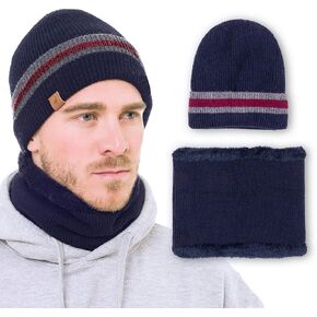Beanie Neck Warmer Set with Wool Fleece Fur Scarf Gaitor Skull Cap Knit Hat Ski for Fall Winter