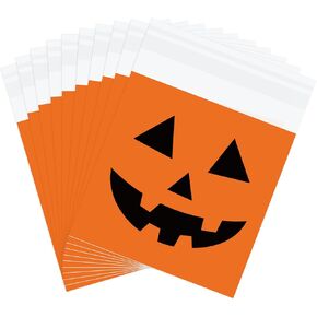 JarThenaAMCS 320Pcs Halloween Self Adhesive Treat Bags Funny Pumpkin Cellophane Bags Orange Black Candy Bags Plastic Goodie Bags for Party Gift Snack Wrapping Supplies