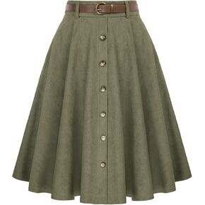 Belle Poque Women's Knee Length Corduroy Skirt Vintage Stretch High Waist A-Line Midi Skirt with Pockets & Belts