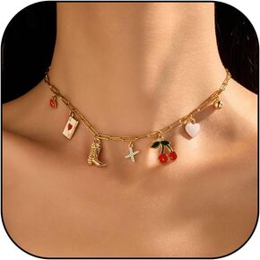 Frodete Gold Charm Necklace for Women Initial Necklaces for Women Cherry Western Charm Letter A-Z Choker Necklace Jewelry for Women Christmas Gifts Stocking Stuffers