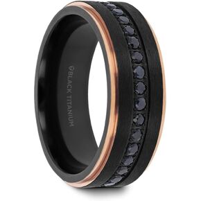 Mens Black Titanium Rose Gold Plated Inside Black Sapphire Settings all around Wedding Ring - Flat Brushed Comfort Fit - 8mm Wide - Style name: ASTRO