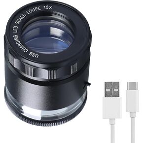 15X Rechargeable Loupe, Jewelers Loupe with Light and Reticle Scale, Adjustable Focal Length Magnifier Jewelry Magnifying Glass for Gems, Coins, Stamps, Textile Optical, Plants, etc.