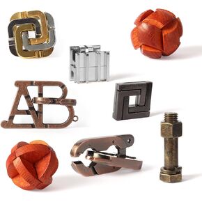 8 Pcs Brain Teaser Puzzles Favor Educational Toys Mind Puzzles Ancient Wooden and Metal Puzzles 3D Unlock Interlock IQ Puzzles Box Game