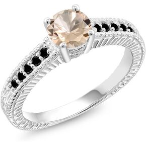 Gem Stone King 925 Sterling Silver Peach Morganite and Black Diamond Women Ring (0.77 Cttw, Available In Size 5, 6, 7, 8, 9)