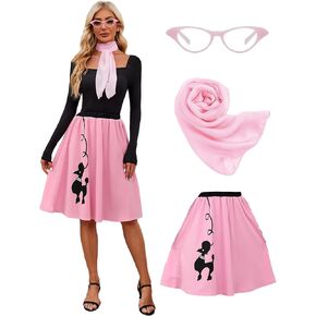 Women's 50s Poodle Skirts Outfits 2024 Adult Halloween Costumes with Scarf Glasses Vintage Skirts 3 Pcs Set