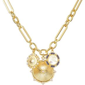 Sun Mountain River Landscape Necklace for Women and Girls, 18K Gold Plated with Multiple Nature-Inspired Pendants and Zircons Inlaid Radial Line Design, Brass Chunky Chain, Fashionable Hip Hop Choker Chain Jewelry