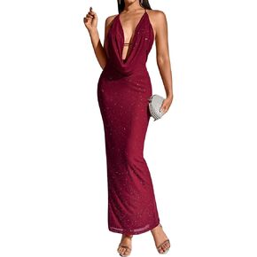 KUTUMAI Women Sexy Sequin Bodycon Maxi Dress V Neck Split Back Formal Evening Cocktail Party Long Dresses