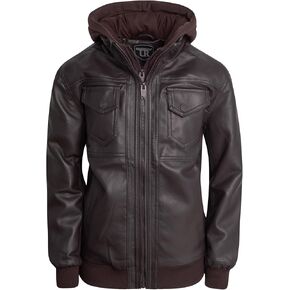 URBAN REPUBLIC Boys' Bomber Jacket - Hooded Zip Up Faux Leather Jacket with Fleece Bib - Cozy Boys Outerwear Jackets (8-20)
