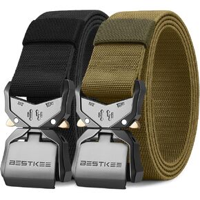 BESTKEE 2 Pack Tactical Belt, Men's Military Stretch Nylon Web Belt for Hiking Work with Heavy-Duty Quick Release Buckle