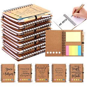 30 Sets Employee Appreciation Gifts Bulk Team College Graduate Thank You Gifts Inspirational Spiral Notebook with Sticky Note Motivational Bamboo Ballpoint Pens for Nurse Teacher Employees Coworker