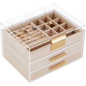 3 Layers Acrylic Jewelry Organizers and Storage with 2 Drawers, 360° Transparent Lid, White Jewelry Box, Stud Earring Holder, Jewelry Display Stand