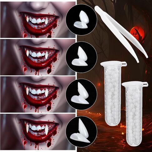 Vampire Fangs, 8 Pairs Halloween Vampire Teeth Scary Fake Teeth Fang with Teeth Glue Zombie Cosplay Costume Halloween Party Makeup Props Masquerade Decorations for Women Men, 4 Sizes in Saudi Arabia
