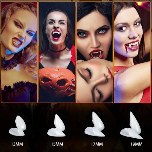 Vampire Fangs, 8 Pairs Halloween Vampire Teeth Scary Fake Teeth Fang with Teeth Glue Zombie Cosplay Costume Halloween Party Makeup Props Masquerade Decorations for Women Men, 4 Sizes in Saudi Arabia