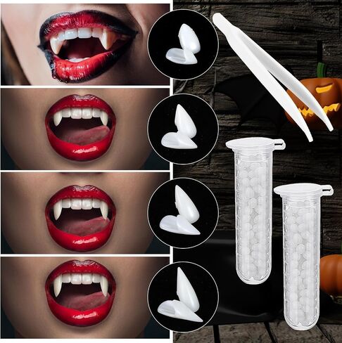 Vampire Fangs, 8 Pairs Halloween Vampire Teeth Scary Fake Teeth Fang with Teeth Glue Zombie Cosplay Costume Halloween Party Makeup Props Masquerade Decorations for Women Men, 4 Sizes in Saudi Arabia