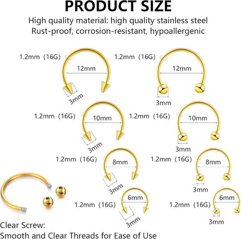 16pcs Septum Nose Rings 16 Gauge Nose Ring Multiple Different Sizes Horseshoe Nose Ring,Stainless Steel Septum Ring for Men and Women 6-12mm in Saudi Arabia