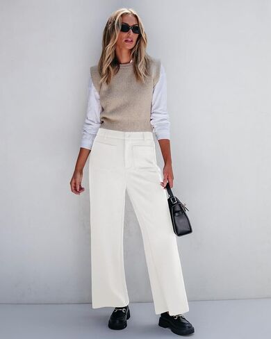 GRAPENT Wide Leg Pants Woman High Waisted Business Casual Elastic Waist Cropped Trouser Pockets Stretch Fall Knit Pants in Saudi Arabia