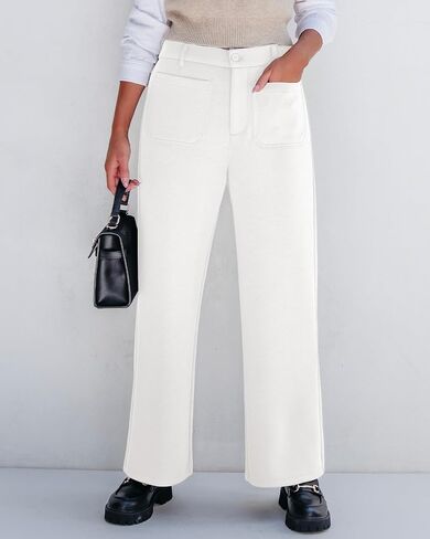 GRAPENT Wide Leg Pants Woman High Waisted Business Casual Elastic Waist Cropped Trouser Pockets Stretch Fall Knit Pants in Saudi Arabia