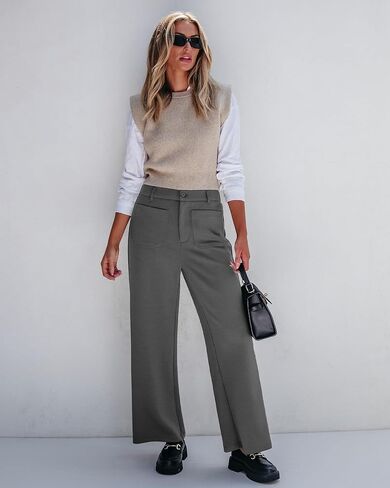 GRAPENT بنطال ذو قصة أرجل واسعة امرأة عالية الخصر الأعمال عادية مرونة الخصر اقتصاص بنطلون جيوب تمتد الخريف متماسكة السراويل in Kuwait