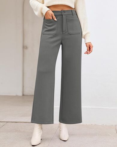 GRAPENT بنطال ذو قصة أرجل واسعة امرأة عالية الخصر الأعمال عادية مرونة الخصر اقتصاص بنطلون جيوب تمتد الخريف متماسكة السراويل in Kuwait