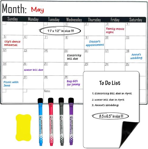 Magnetic Weekly Planner 17 x 12 Inches with Fine Grid – Magnetic Calendar for Fridge with 4 Magnetic Markers, 1 Eraser and 1 Small Dry Erase Board – Perfect Organization for Everyone in Saudi Arabia
