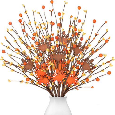 ديكورات عيد الشكر ديكور الطاولة سيقان التوت الاصطناعي، 6 عبوات عيد الشكر على شكل تركيا من اختيارات التوت البرتقالي لحشو المزهرية، لوازم هدايا الحفلات المركزية في المنزل وعيد الشكر in Kuwait