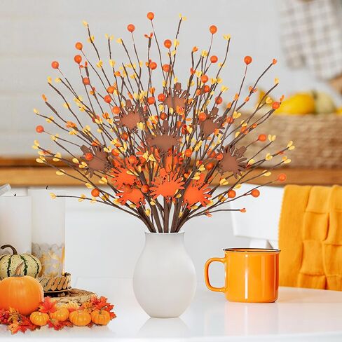 ديكورات عيد الشكر ديكور الطاولة سيقان التوت الاصطناعي، 6 عبوات عيد الشكر على شكل تركيا من اختيارات التوت البرتقالي لحشو المزهرية، لوازم هدايا الحفلات المركزية في المنزل وعيد الشكر in Kuwait