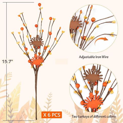 ديكورات عيد الشكر ديكور الطاولة سيقان التوت الاصطناعي، 6 عبوات عيد الشكر على شكل تركيا من اختيارات التوت البرتقالي لحشو المزهرية، لوازم هدايا الحفلات المركزية في المنزل وعيد الشكر in Kuwait