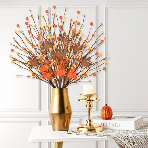 ديكورات عيد الشكر ديكور الطاولة سيقان التوت الاصطناعي، 6 عبوات عيد الشكر على شكل تركيا من اختيارات التوت البرتقالي لحشو المزهرية، لوازم هدايا الحفلات المركزية في المنزل وعيد الشكر in Kuwait