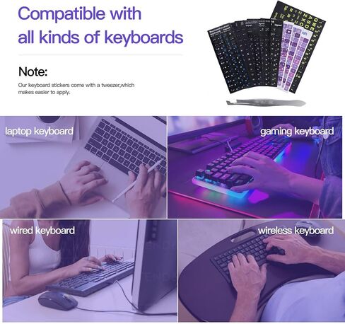 2PCS Universal English Keyboard Stickers Letters for PC Laptop Computer | Keyboard Sticker Black Background with White Lettering, Keyboard Letters Replacement Sticker with Tweezer, Renew Keyboards in Saudi Arabia