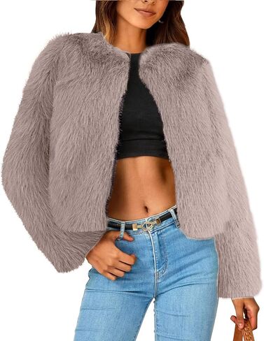 Simplee Women's Faux Fur Coat Furry Cropped Jacket Long Sleeve Warm Open Front Fur Jackets in Saudi Arabia