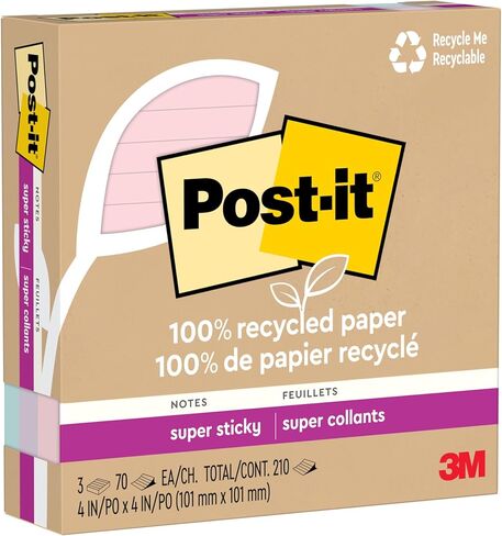 Post-it 100% Recycled Paper Super Sticky Notes, 2X The Sticking Power, 4x4 in, Lined, 3 Pads, 70 Sheets/Pad, Wanderlust Pastels Collection (675R-3SSNRP) in Saudi Arabia
