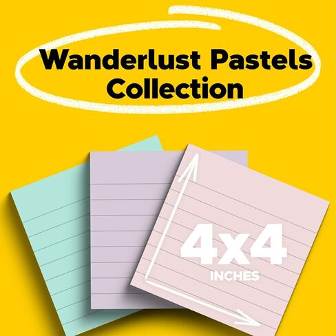 Post-it 100% Recycled Paper Super Sticky Notes, 2X The Sticking Power, 4x4 in, Lined, 3 Pads, 70 Sheets/Pad, Wanderlust Pastels Collection (675R-3SSNRP) in Saudi Arabia