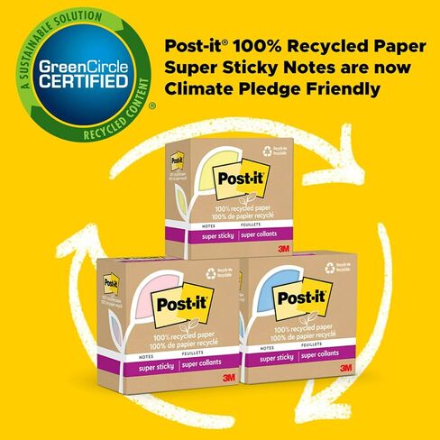 Post-it 100% Recycled Paper Super Sticky Notes, 2X The Sticking Power, 4x4 in, Lined, 3 Pads, 70 Sheets/Pad, Wanderlust Pastels Collection (675R-3SSNRP) in Saudi Arabia