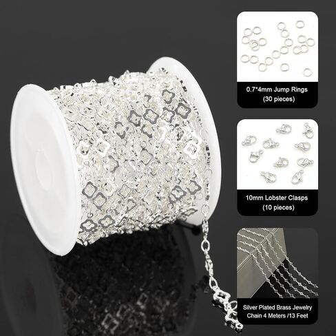 YOUBEIYEE 4 Yard Silver Plated Brass Chain for Jewelry Making Hollow Four Leaf Clover Necklace Bracelet for Women Jewelry Making Chains Bulk in Kuwait